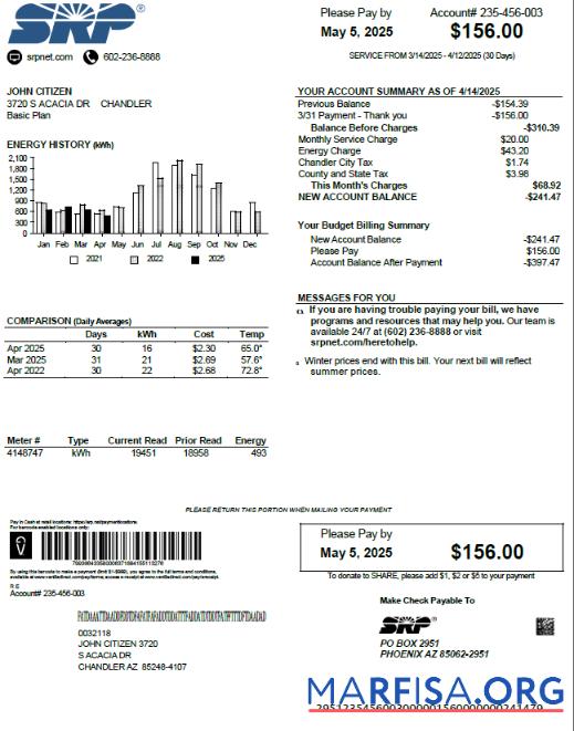 Blank USA SRP utility bill template in Word and PDF formats
